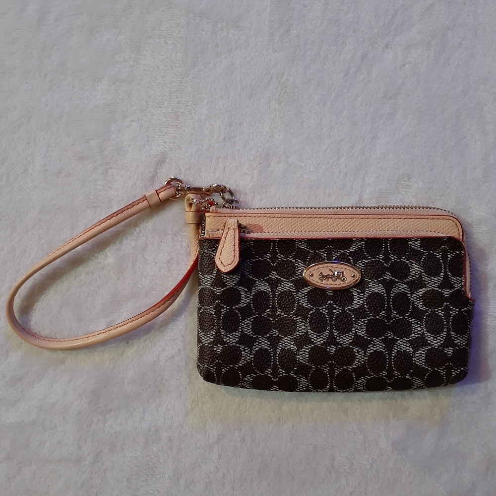 Coach Brown Signature Canvas Wristlet with Light Pink Trim